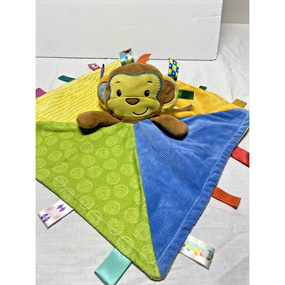 Taggies Monkey Patchkin Baby Blanket Blue Green Yellow Plush Lovey Tag Toy 14"